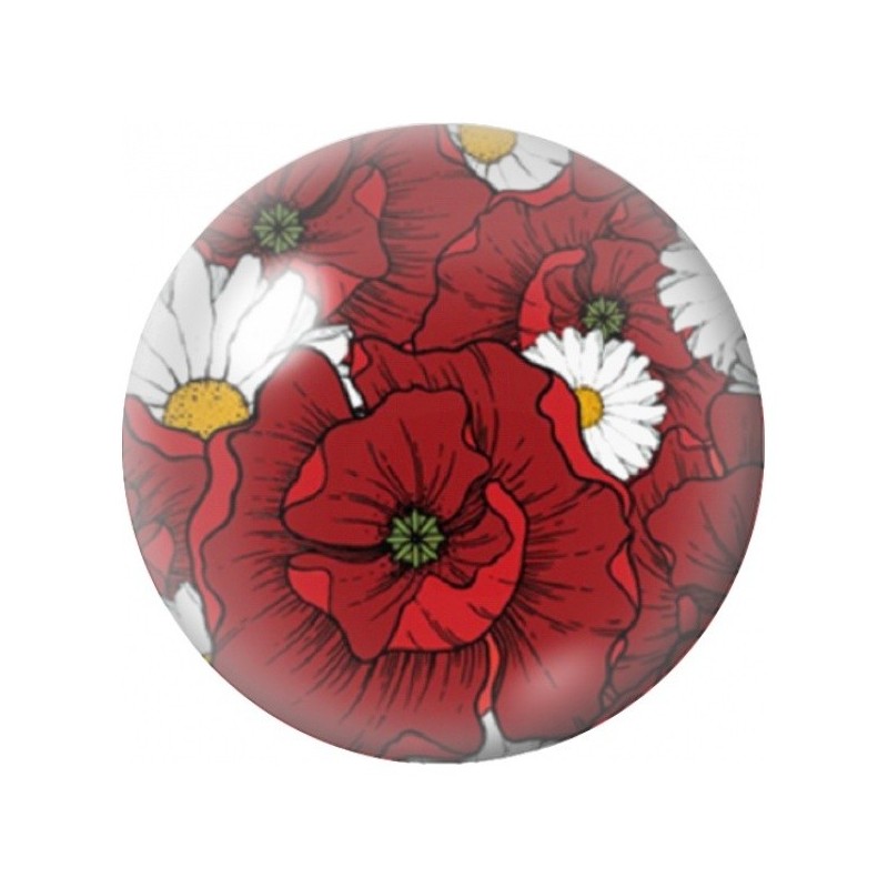 Cabochon en Verre Illustré Coquelicots Rouges en Ligne Noire 12 à 25mm