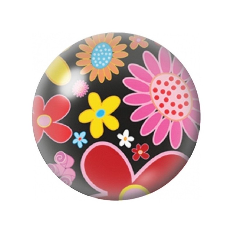 Cabochon en Verre Illustré Fleurs Pop Rose et Rouge sur Noir 12 à 25mm