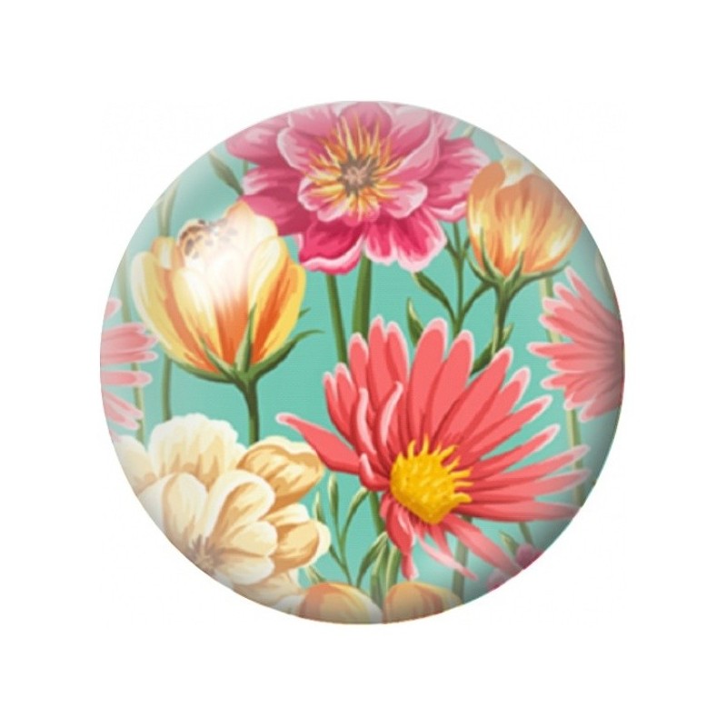 Cabochon en Verre Illustré Bouquet Corail sur Fond Turquoise 12 à 25mm
