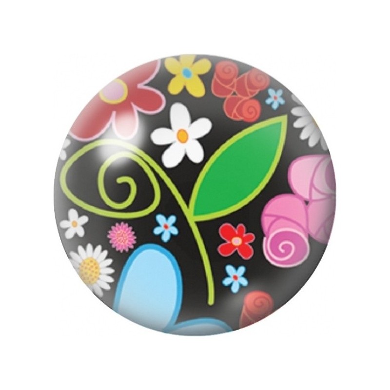 Cabochon en Verre Illustré Fleurs Folk et Grande Feuille Verte 12 à 25mm