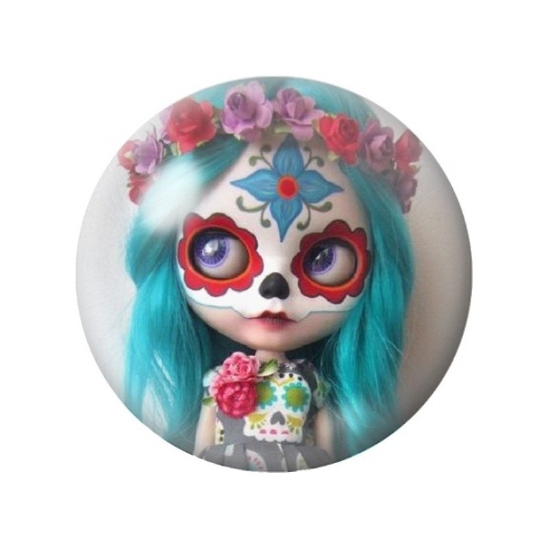 Cabochon en Verre Illustré Poupée Calavera aux Cheveux Turquoise 12 à 25mm