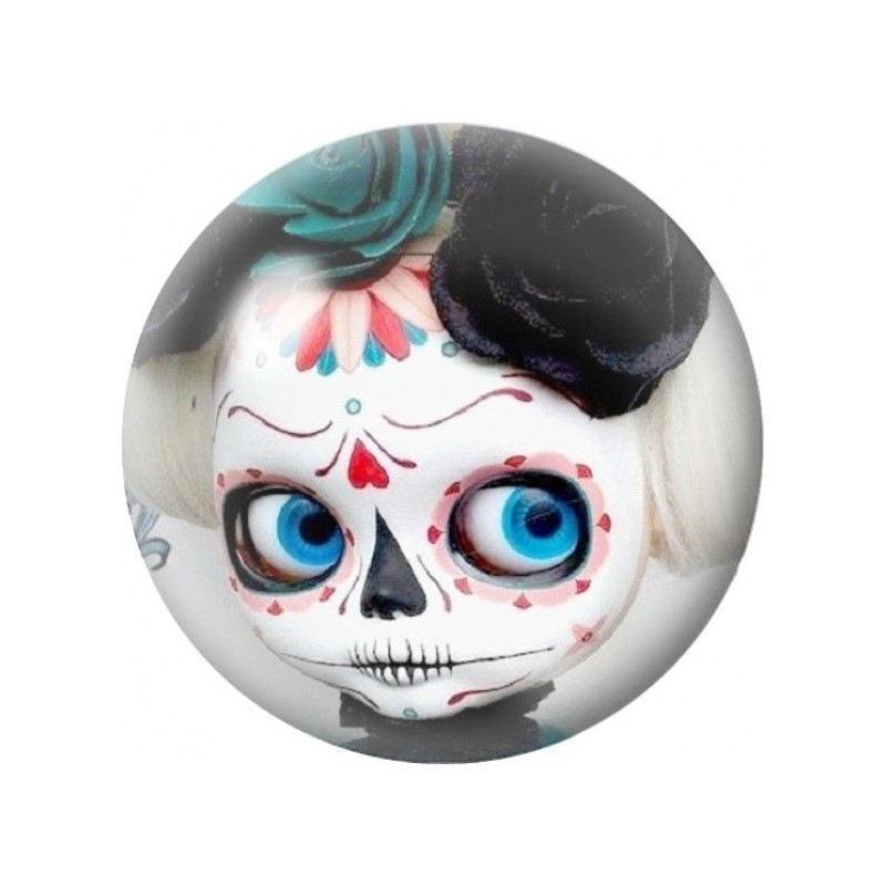 Cabochon en Verre Illustré Poupée Calavera aux Yeux Bleus 12 à 25mm