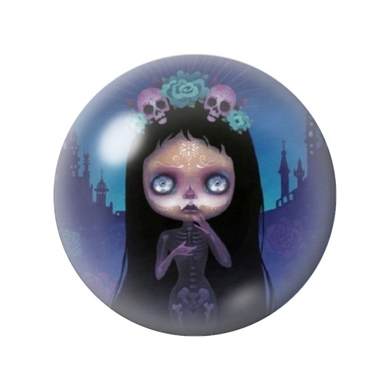 Cabochon en Verre Illustré Poupée Calavera dans la Nuit 12 à 25mm