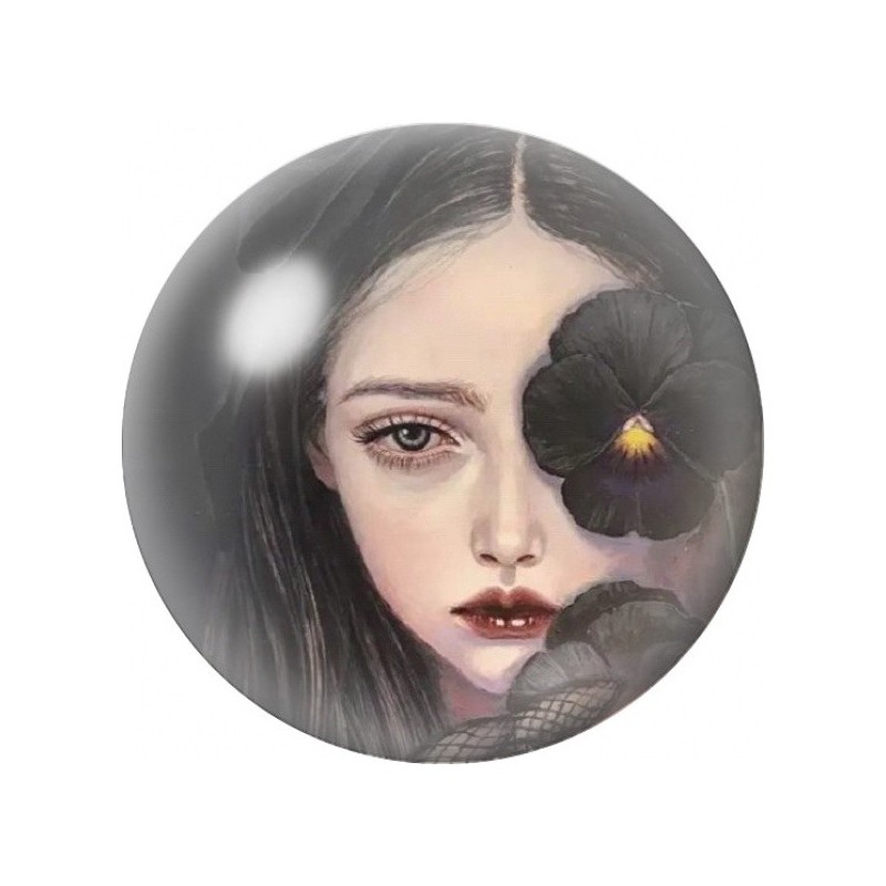 Cabochon en Verre Illustré Jeune Femme à la Fleur Noire 12 à 25mm