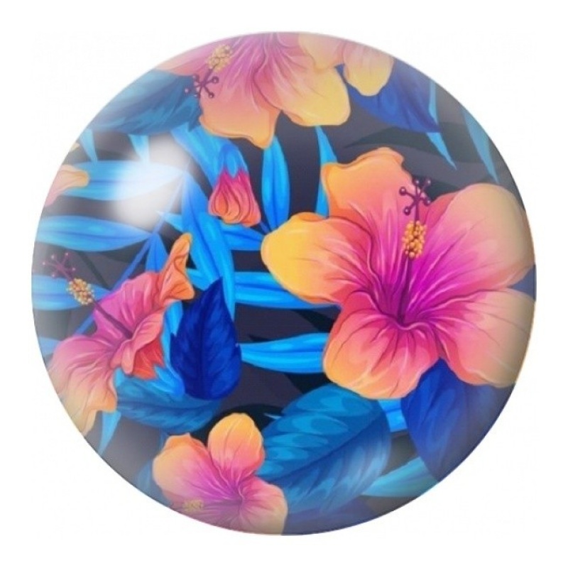 Cabochon en Verre Illustré Hibiscus Corail et Feuilles Bleues 12 à 25mm