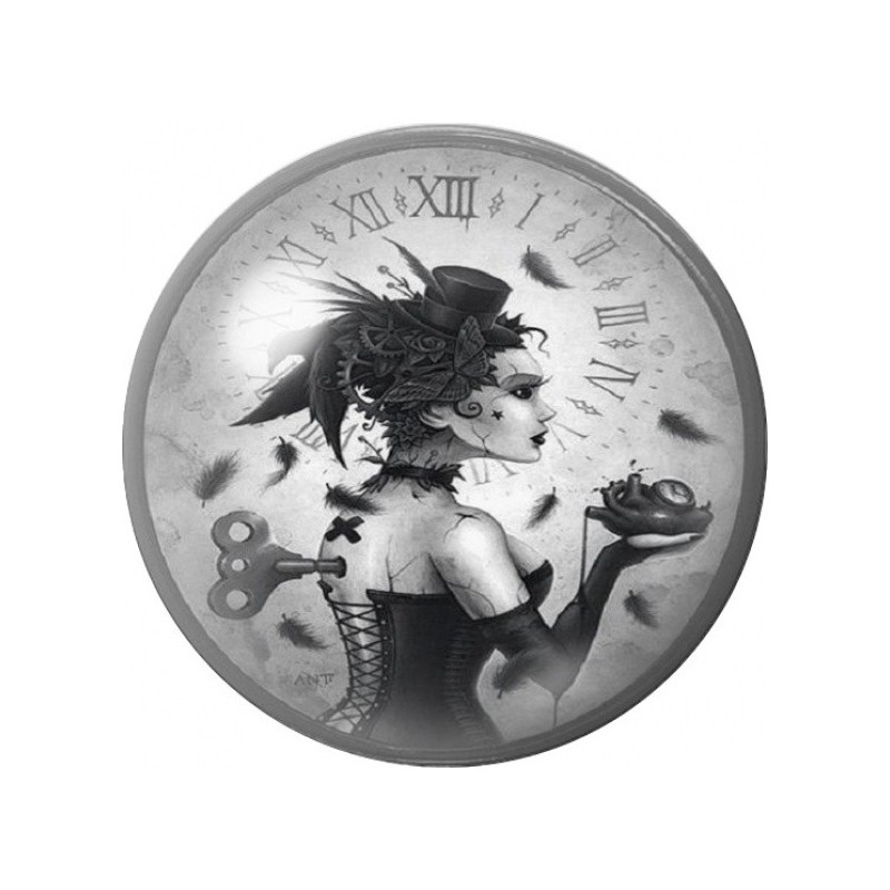Cabochon en Verre Illustré Femme à l’Horloge en Noir et Blanc 12 à 25mm