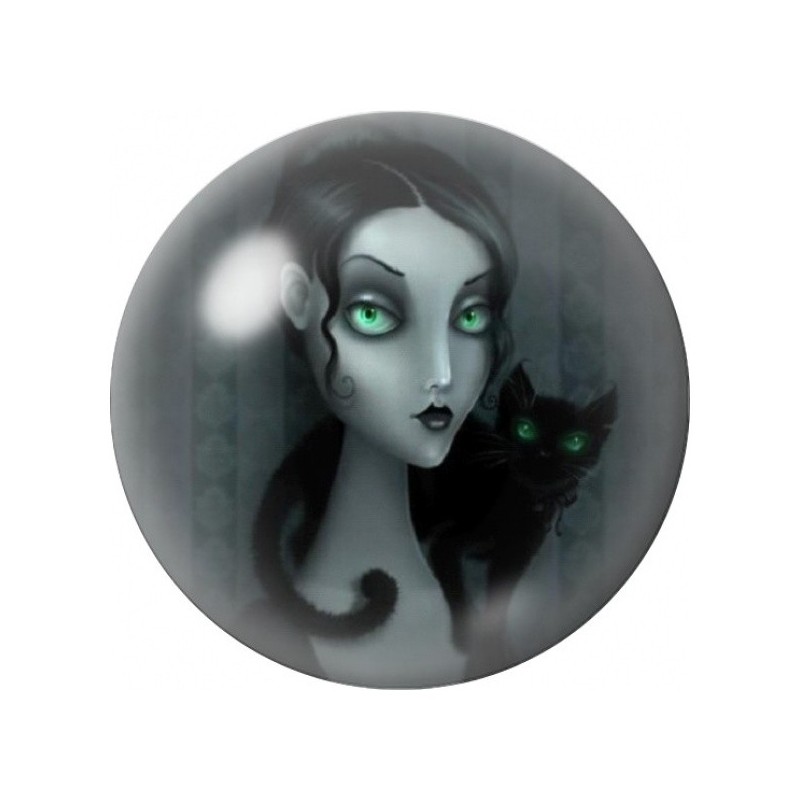 Cabochon en Verre Illustré Femme aux Yeux Verts et Chat Noir 12 à 25mm