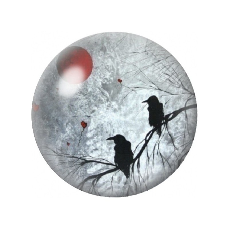 Cabochon en Verre Illustré Corbeaux sous la Lune Rouge 12 à 25mm