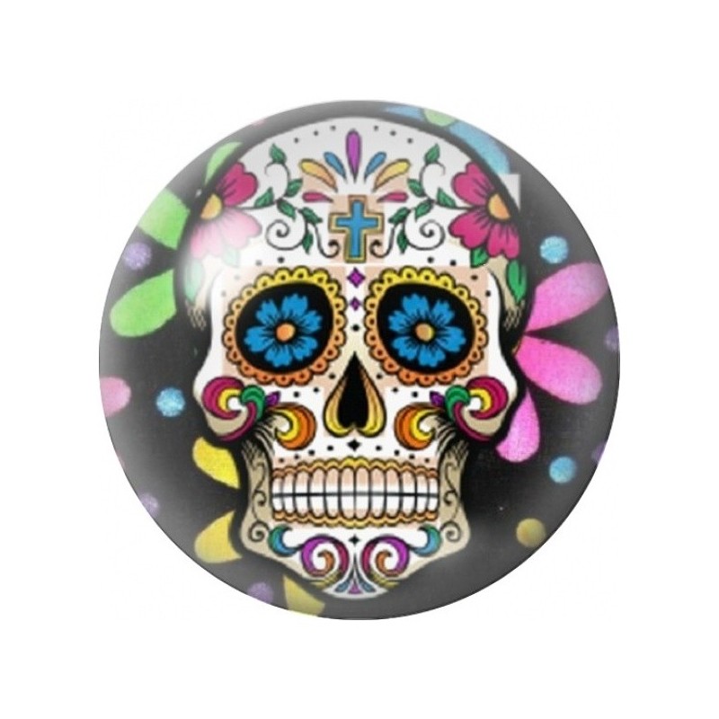 Cabochon en Verre Illustré Calavera Couronnée aux Fleurs Bleues 12 à 25mm