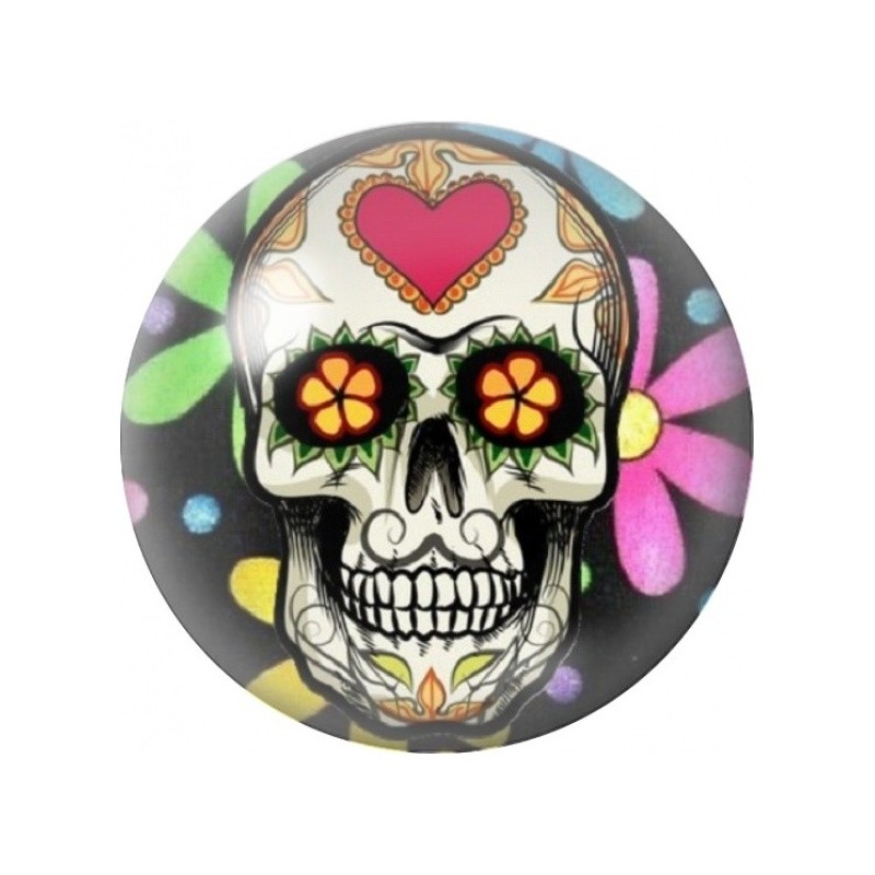 Cabochon en Verre Illustré Calavera au Cœur Rose et Fleurs Noires 12 à 25mm