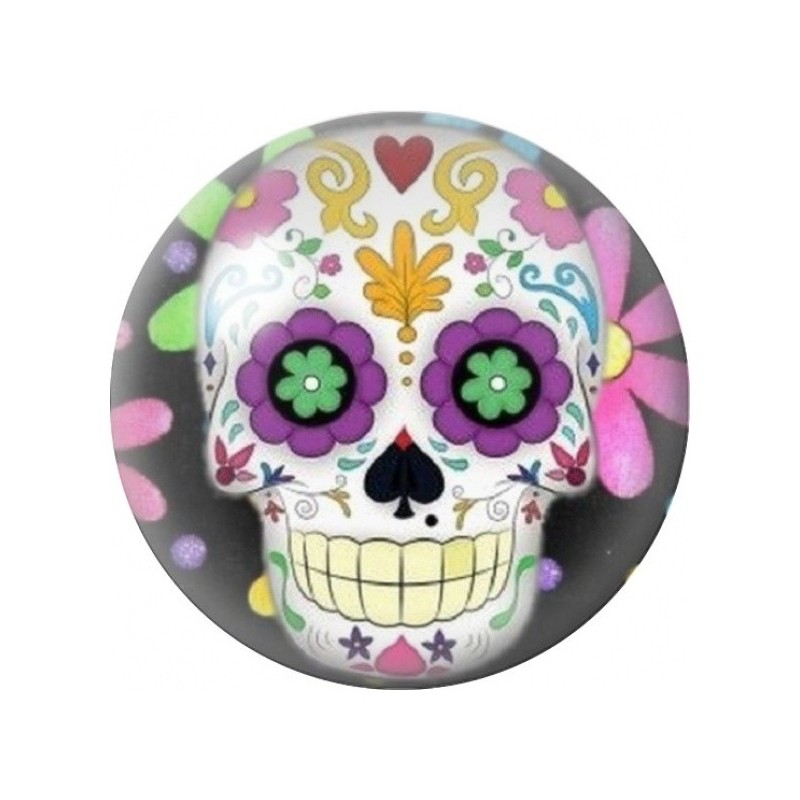Cabochon en Verre Illustré Calavera aux Fleurs Violettes Pastel 12 à 25mm