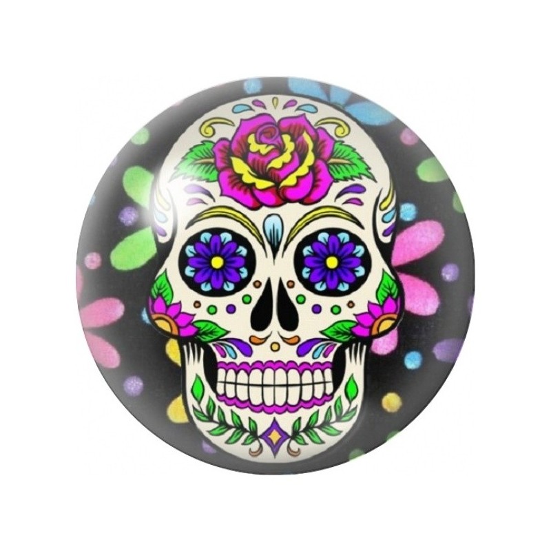 Cabochon en Verre Illustré Calavera à la Rose et Fleurs Violettes 12 à 25mm