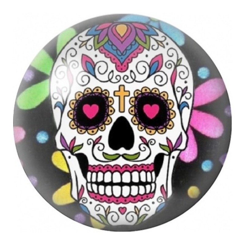 Cabochon en Verre Illustré Calavera aux Cœurs Noirs et Roses 12 à 25mm