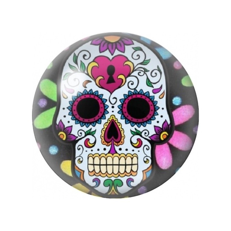 Cabochon en Verre Illustré Calavera au Cœur Rouge et Yeux Roses 12 à 25mm