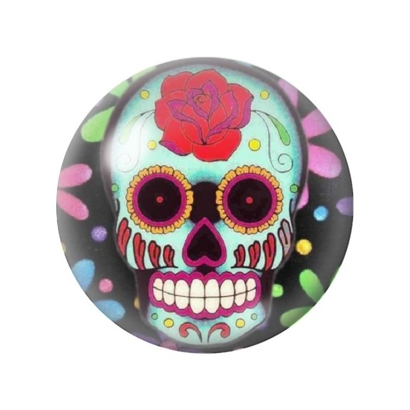 Cabochon en Verre Illustré Calavera Turquoise à la Rose Rouge 12 à 25mm