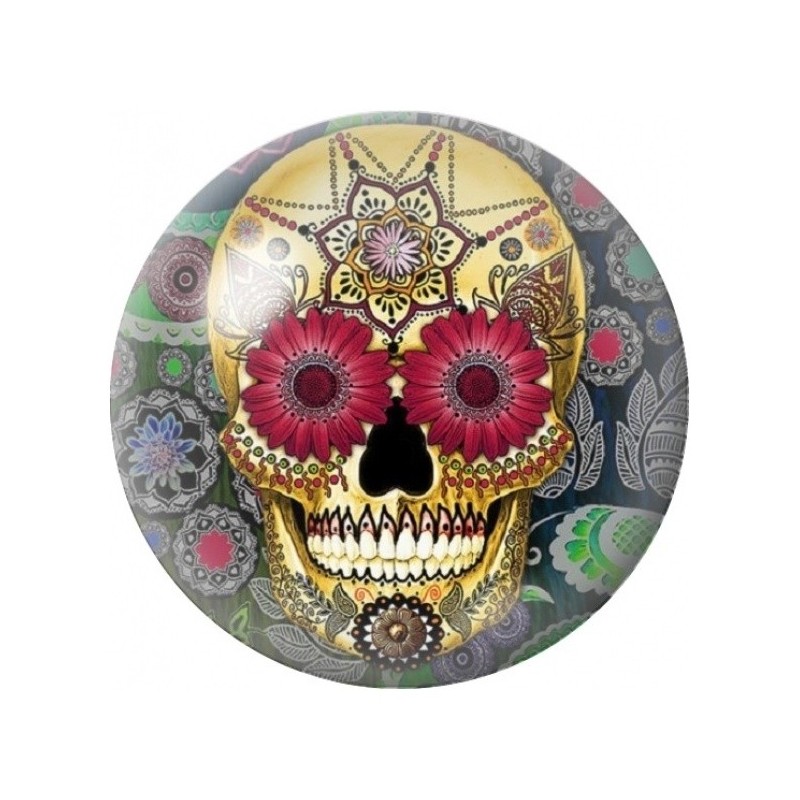 Cabochon en Verre Illustré Calavera Baroque aux Rosaces Rouges 12 à 25mm