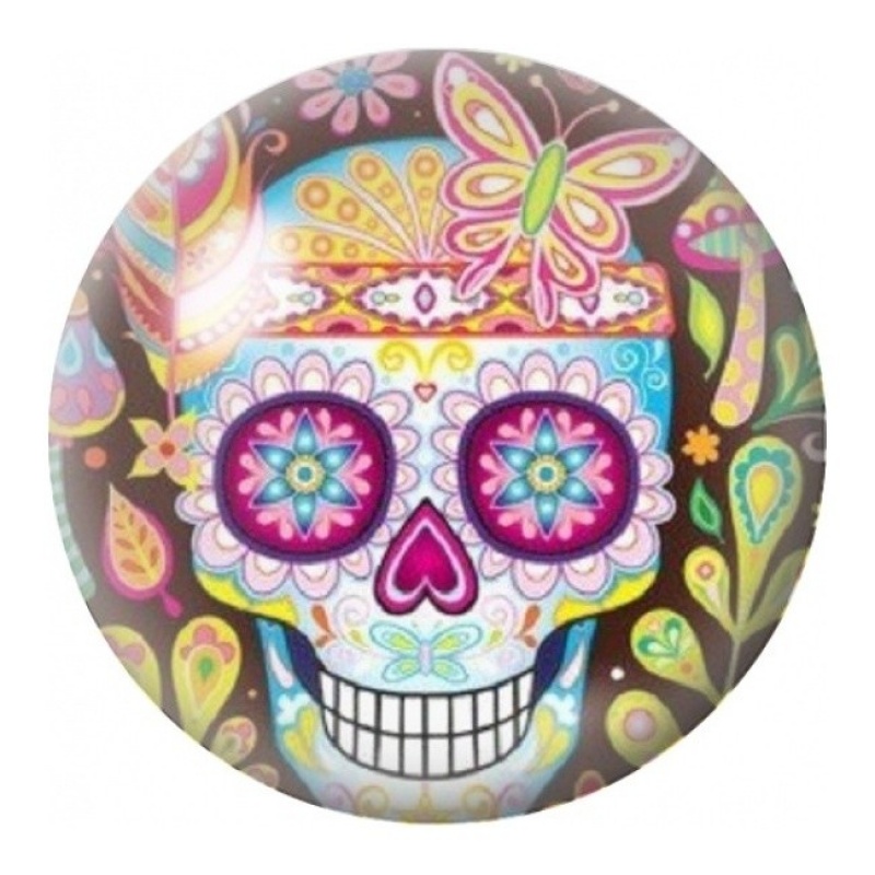 Cabochon en Verre Illustré Calavera au Papillon et Fleurs Roses 12 à 25mm