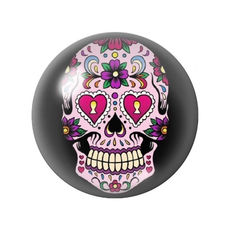 Cabochon en Verre Illustré Calavera aux Cœurs Roses sur Fond Noir 12 à 25mm