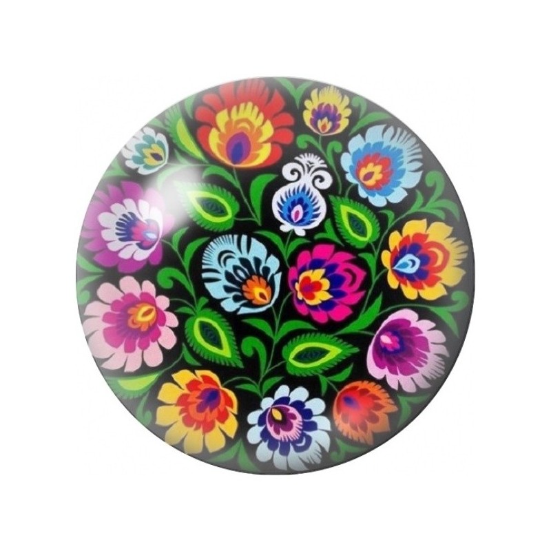 Cabochon en Verre Illustré Bouquet Folk Multicolore sur Fond Noir 12 à 25mm