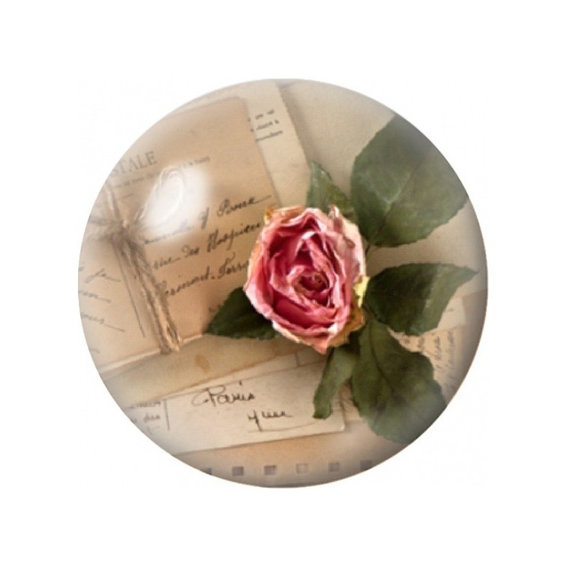 Cabochon en Verre Illustré Rose Fanée sur Lettres Anciennes 12 à 25mm