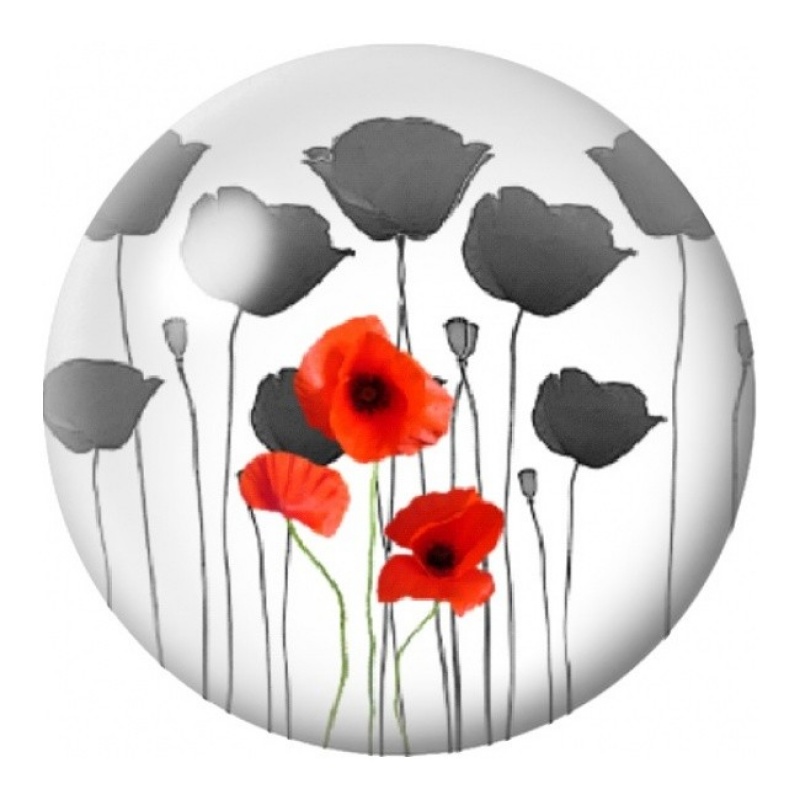 Cabochon en Verre Illustré Coquelicots Rouges et Fleurs Grises 12 à 25mm