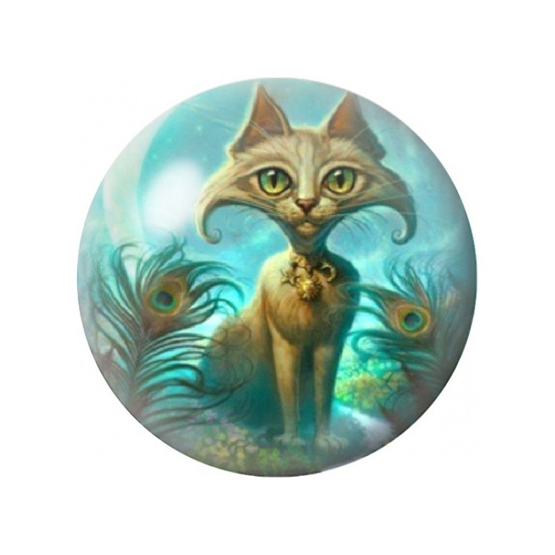 Cabochon en Verre Illustré Chat Fantastique aux Plumes de Paon 12 à 25mm