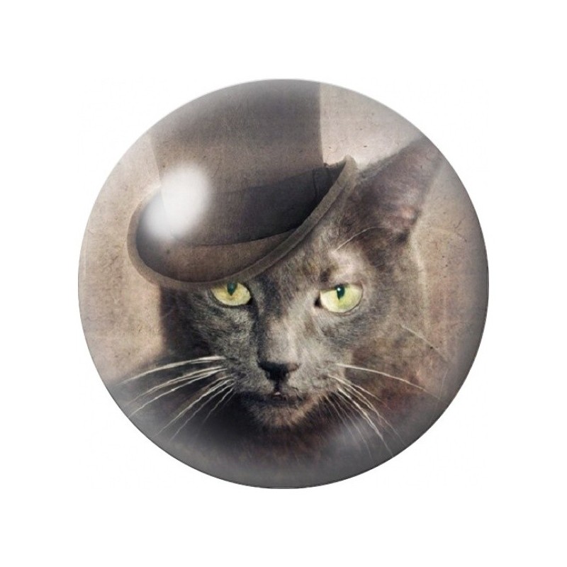 Cabochon en Verre Illustré Chat Gris au Chapeau Fedora 12 à 25mm
