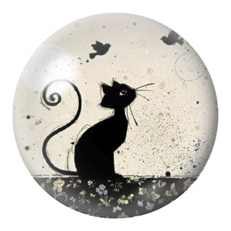 Cabochon en Verre Illustré Chat Noir aux Papillons 12 à 25mm