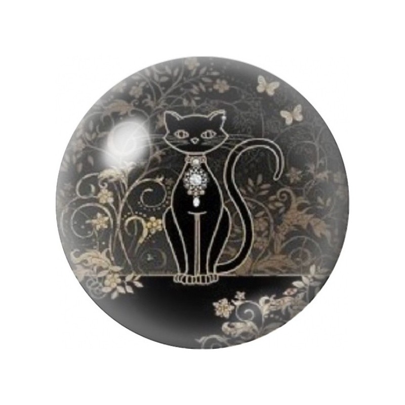 Cabochon en Verre Illustré Chat Noir Bijou sur Fond Fleuri 12 à 25mm