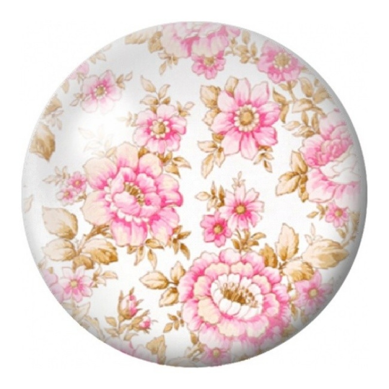 Cabochon en Verre Illustré Fleurs Roses et Feuilles Dorées 12 à 25mm