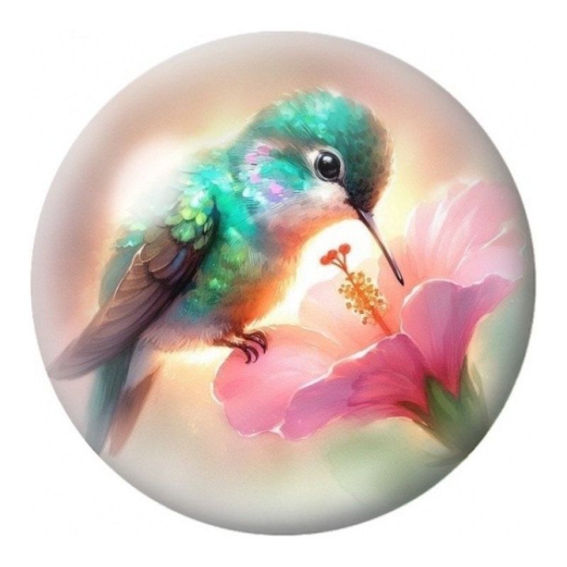 Cabochon en Verre Illustré Colibri Turquoise sur Fleur Rose 12 à 25mm