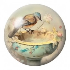 Cabochon en Verre Illustré Oiseau sur Tasse Fleurie 12 à 25mm pour la Création de Bijoux Fantaisie - DIY