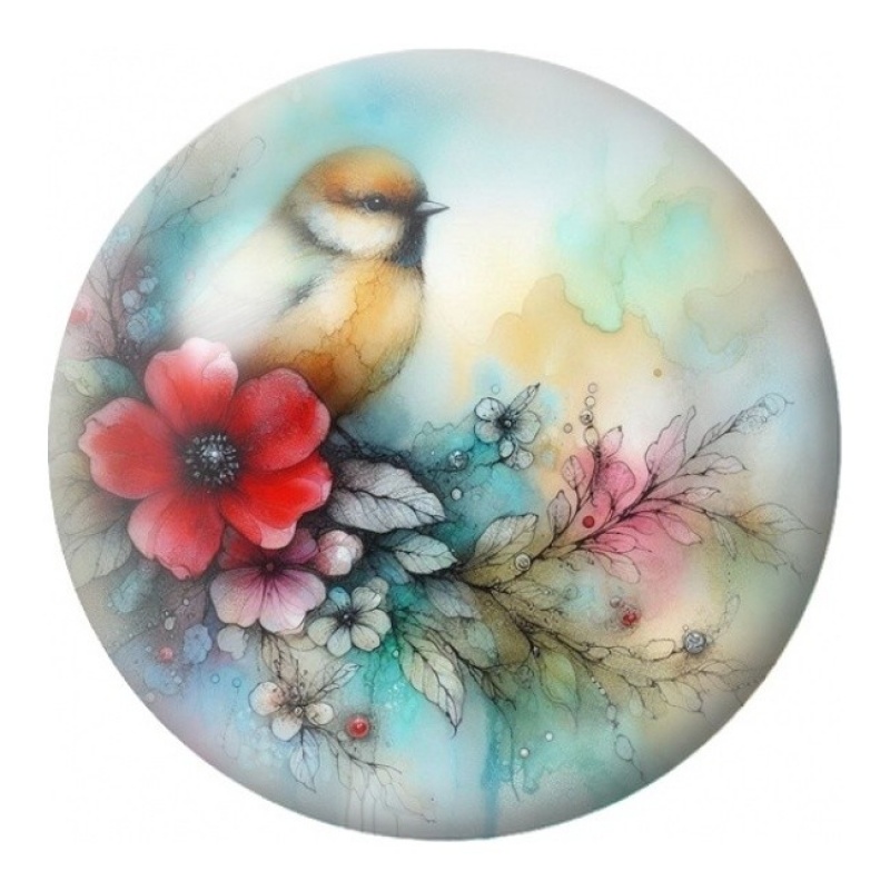 Cabochon en Verre Illustré Mésange aux Fleurs Rouges 12 à 25mm