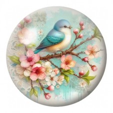 Cabochon en Verre Illustré Oiseau Bleu sur Branche Fleurie 12 à 25mm pour la Création de Bijoux Fantaisie - DIY