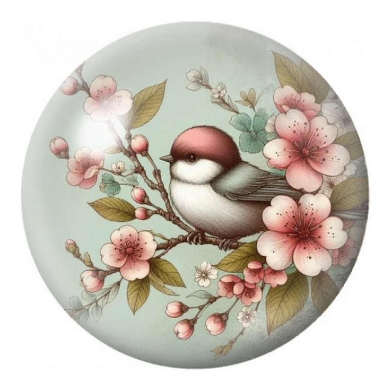 Cabochon en Verre Illustré Mésange à Longue Queue Fleurie 12 à 25mm