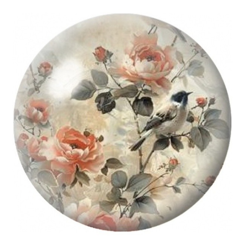 Cabochon en Verre Illustré Duo d’Oiseaux aux Roses 12 à 25mm