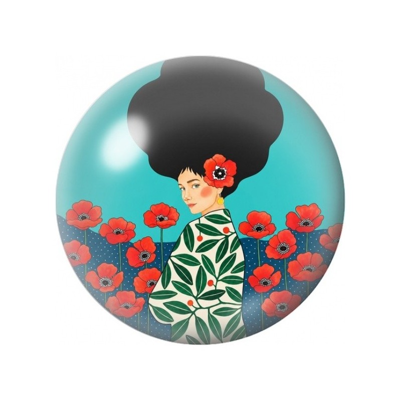 Cabochon en Verre Illustré Femme parmi les Coquelicots 12 à 25mm
