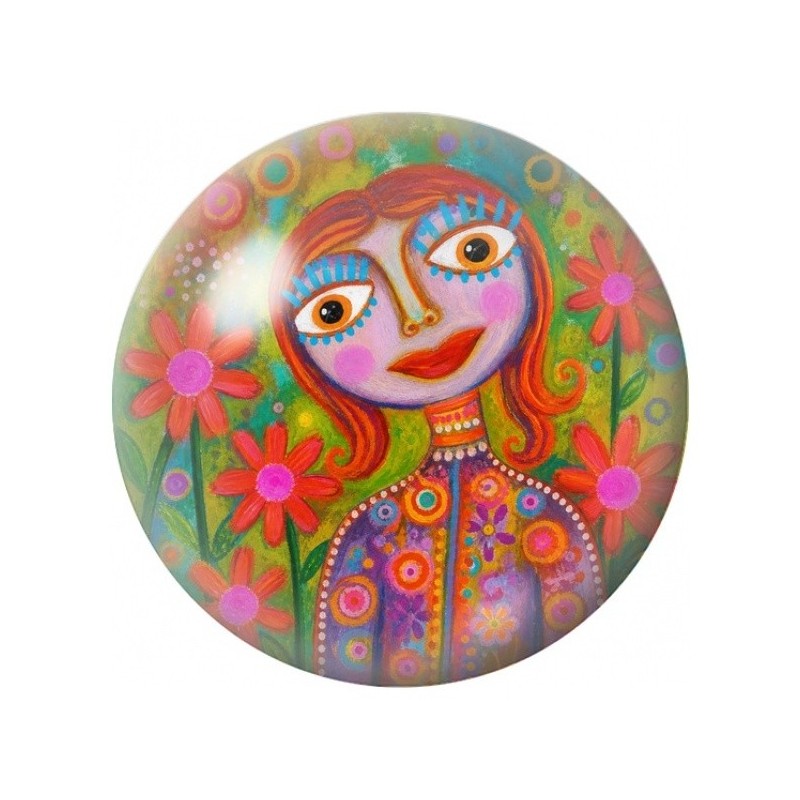 Cabochon en Verre Illustré Femme Rousse aux Fleurs 12 à 25mm