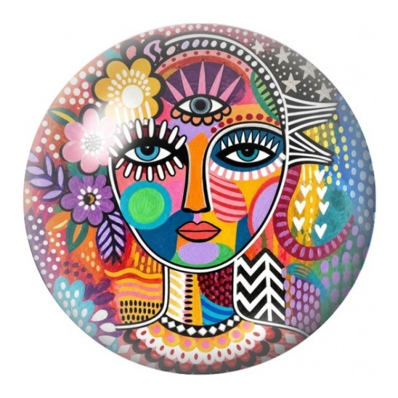 Cabochon en Verre Illustré Visage Tribal Multicolore 12 à 25mm