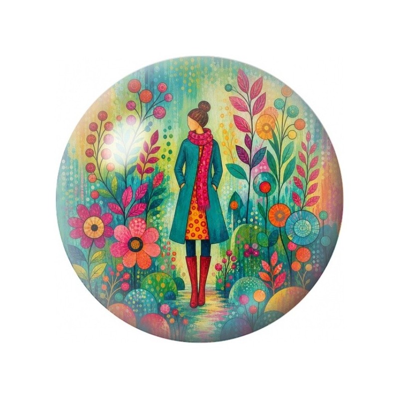 Cabochon en Verre Illustré Femme au Jardin Fleuri 12 à 25mm