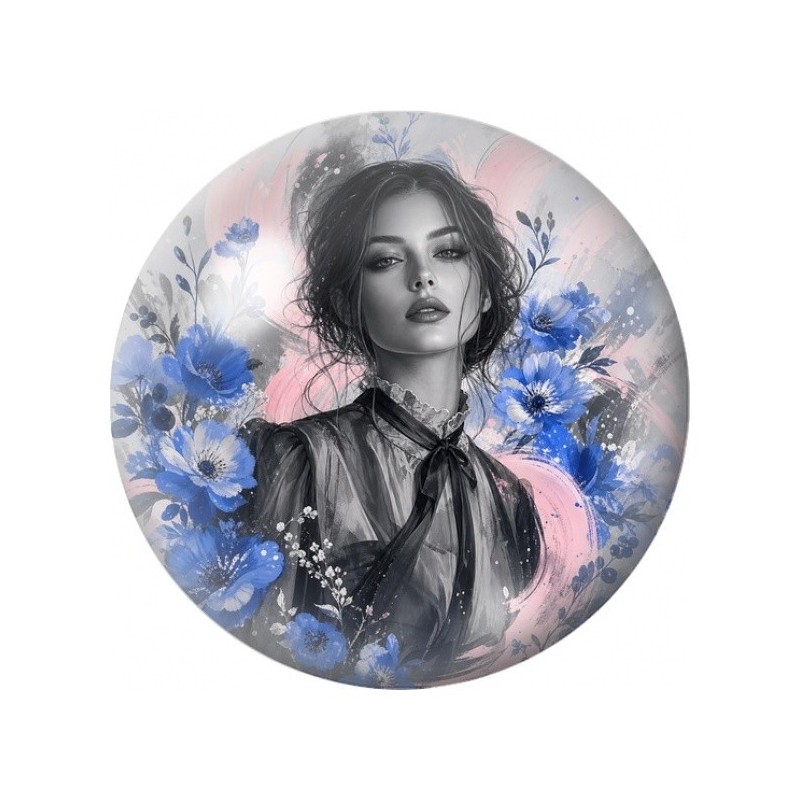 Cabochon en Verre Illustré Portrait aux Fleurs Bleues 12 à 25mm