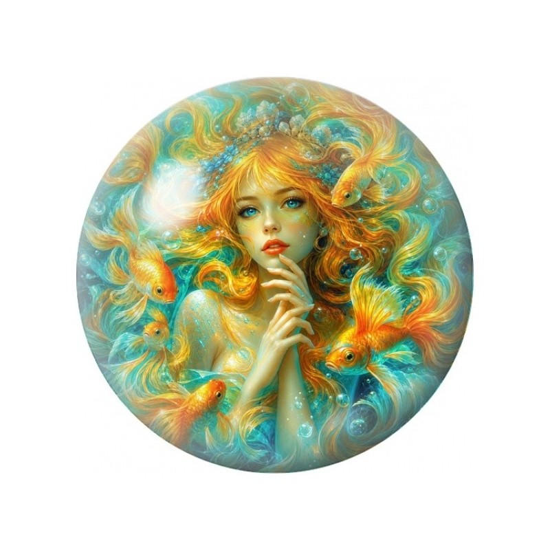 Cabochon en Verre Illustré Nymphe aux Poissons Dorés 12 à 25mm