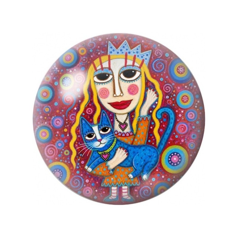 Cabochon en Verre Illustré Femme Folk au Chat Bleu 12 à 25mm