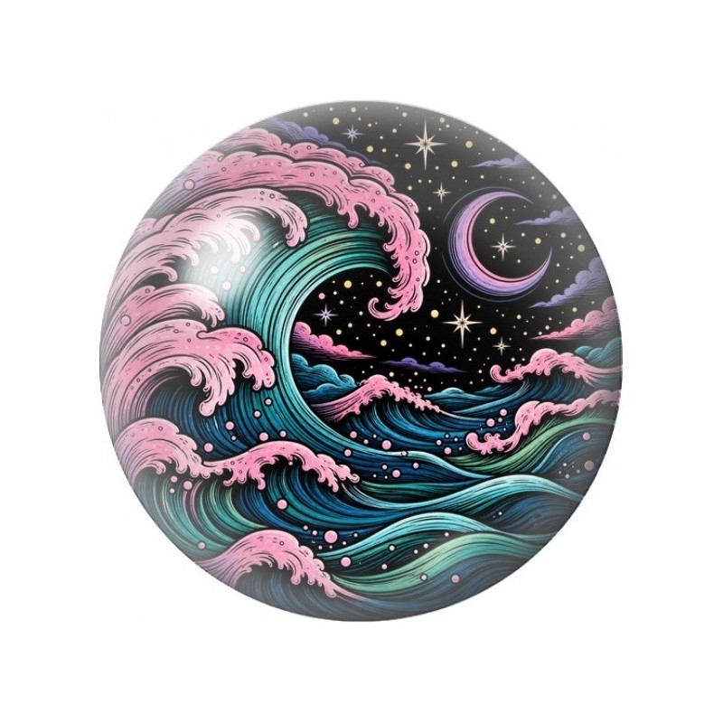 Cabochon en Verre Illustré Vagues Roses sous la Lune 12 à 25mm