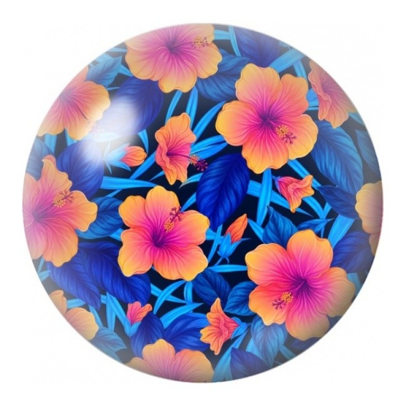 Cabochon en Verre Illustré Fleurs Roses sur Fond Bleu 12 à 25mm