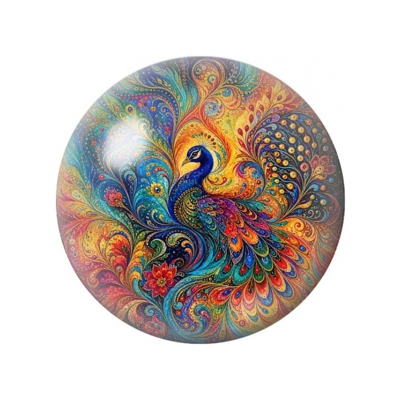 Cabochon en Verre Illustré Paon aux Plumes Cachemire 12 à 25mm