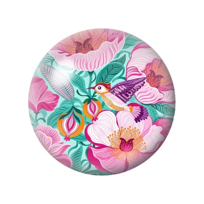 Cabochon en Verre Illustré Colibri aux Hibiscus Roses 12 à 25mm
