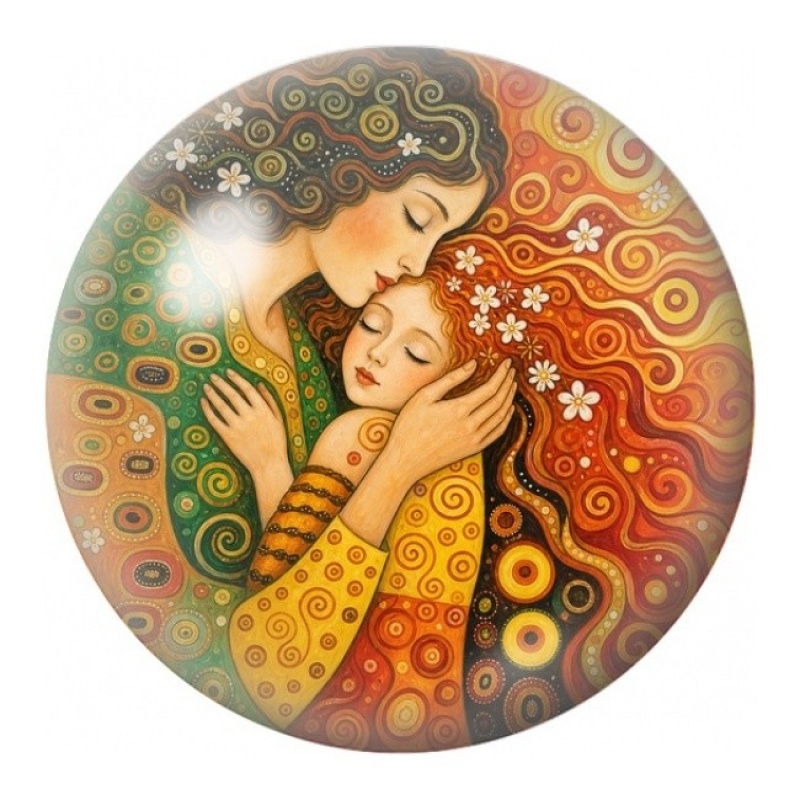 Cabochon en Verre Illustré Mère et Enfant aux Volutes Dorées 12 à 25mm