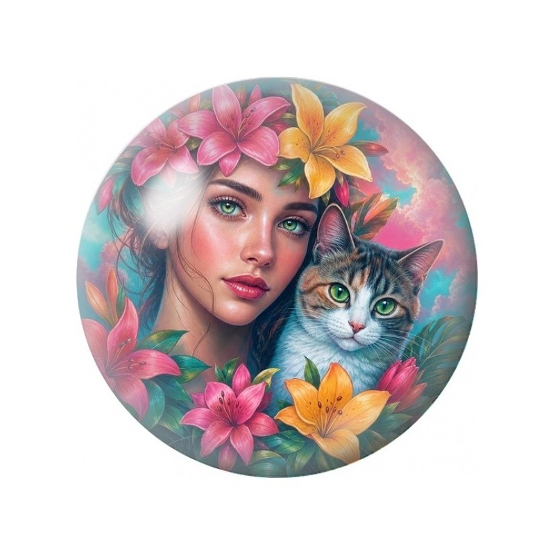 Cabochon en Verre Illustré Femme et Chat aux Fleurs 12 à 25mm