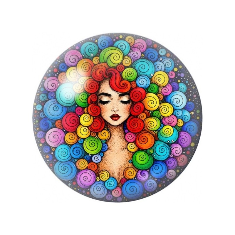 Cabochon en Verre Illustré Femme aux Boucles Arc-en-Ciel 12 à 25mm